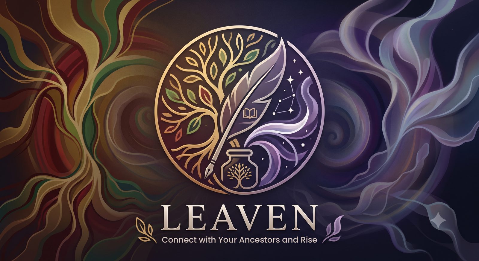 Leaven: Connect with Your Ancestors and Rise. Emblem of a golden tree, silver quill, ink jar, and constellation.